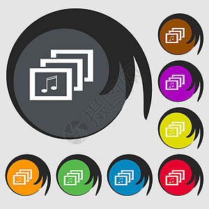 Mp3 音乐格式标志图标 音乐符号 八个彩色按钮上的符号 向量徽章钥匙海豹标签玩家插图创造力质量音乐播放器笔记图片
