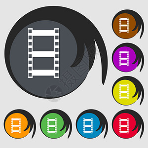 视频符号图标 框架符号 八个彩色按钮上的符号 矢量质量令牌圆圈标签玩家海豹电影创造力邮票插图图片