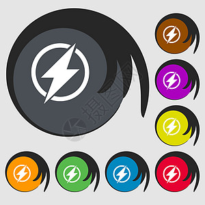 照片闪光标志图标 闪电符号 八个彩色按钮上的符号 向量活力充电器标签邮票电气插图收费海豹质量徽章图片