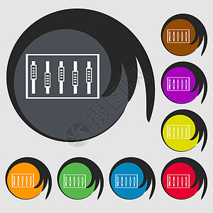 Dj 控制台组合控件控点和按钮 关卡图标 八个有色按钮上的符号 矢量图片