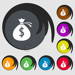 货币袋图标符号 8 个彩色按钮上的符号 矢量财富商业帆布货币解雇银行业投资营销机构财政图片