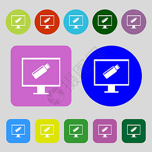 USB 闪存驱动器和监视器标志图标 视频游戏符号 12 个彩色按钮 平面设计 向量邮票海豹徽章插图驾驶创造力令牌标签电脑圆圈图片
