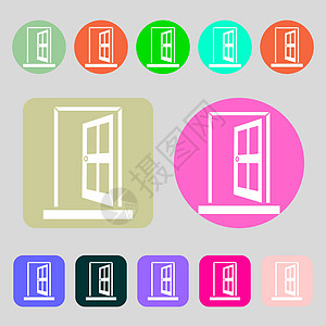 门 输入或退出图标符号 12个彩色按钮 平面设计 矢量创造力标签徽章质量插图入口框架房间房子图片
