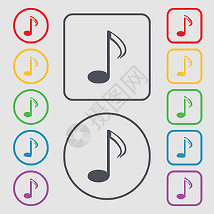 音乐笔记标志图标 音乐符号 带有框架的圆形和方形按钮上的符号 向量标签钥匙质量插图创造力徽章海豹令牌旋律邮票图片