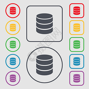 硬盘和数据库签名图标 闪存驱动器棒符号 带有框架的圆形和方形按钮上的符号 向量图片