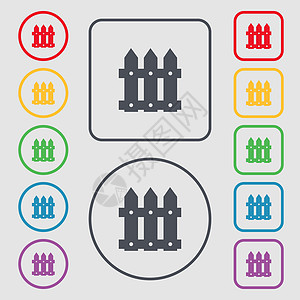 栅栏图标符号 圆形上的符号和带框的平方按钮 矢量图片