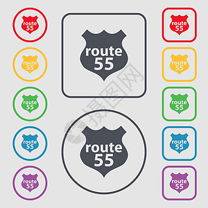 运输路线55 号公路公路图标标志 带有框架的圆形和方形按钮上的符号 向量插画