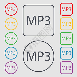 Mp3 音乐格式标志图标 音乐符号 带有框架的圆形和方形按钮上的符号 向量玩家角落音乐播放器旋律插图笔记邮票令牌创造力质量图片