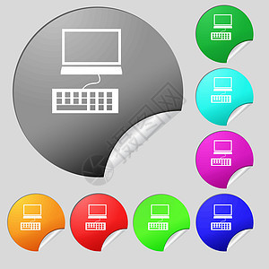 计算机监视器和键盘图标 一组 8个多色圆环按钮 标签 矢量电脑钥匙外设商业笔记本技术桌面办公室电子产品控制图片