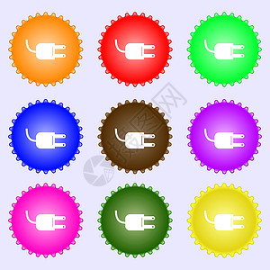 电插头标志图标 功率能量符号 一组九个不同颜色的标签 向量图片