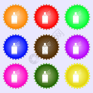 涂鸦喷雾可以标记图标 气溶胶油漆符号 一组九种不同颜色的标签 矢量图片