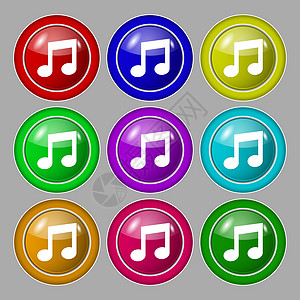 音乐笔记标志图标 音乐符号 九个圆形彩色按钮上的符号 向量令牌插图质量旋律钥匙徽章邮票标签创造力海豹图片