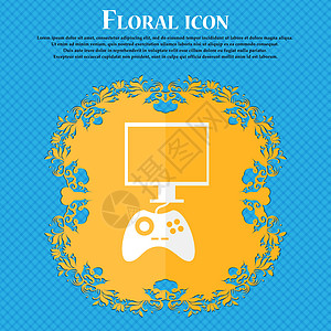 操纵杆和监视器标志图标 视频游戏符号 蓝色抽象背景上的花卉平面设计 并为您的文本放置了位置 向量邮票机顶盒插图圆圈控制器海豹盒子图片