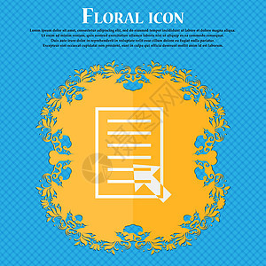 文本文件签名图标 文件文件符号 蓝色抽象背景上的花卉平面设计 并为您的文本放置了位置 向量网站邮票标签框架按钮质量海豹艺术创造力背景图片