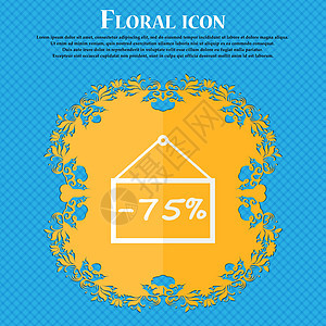 75 个贴现图标符号 Floral 平板设计在蓝色抽象背景上 为文本提供位置 矢量图片