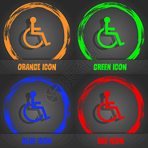 禁用的签名图标 人类坐在轮椅上的符号 有残障的无效标志 时尚的现代风格 在橙色 绿色 蓝色 红色设计中 向量图片