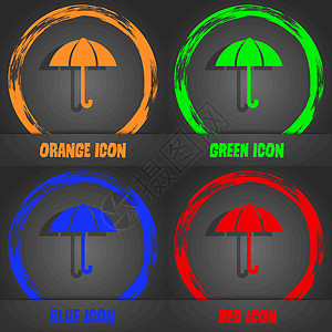 伞标志图标 防雨符号 时尚的现代风格 在橙色 绿色 蓝色 红色设计中 向量气象游客令牌标签海豹徽章插图圆圈创造力按钮图片