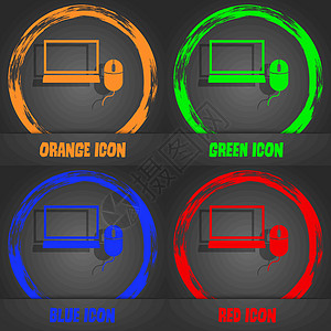 电脑宽屏显示器 鼠标标志图标 时尚的现代风格 在橙色 绿色 蓝色 红色设计中 向量图片
