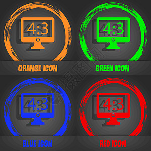 宽高比 4 3 宽屏电视图标标志 时尚的现代风格 在橙色 绿色 蓝色 红色设计中 向量图片