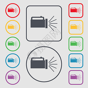 手电闪光图标符号 圆形和带有框架的平方按钮上的符号 矢量图片