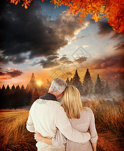 双臂环绕的一对情侣后视综合图像男人夫妻地平线天空风景森林影棚男性妻子女性图片