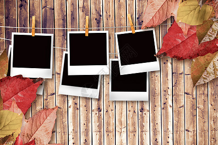 秋叶的复合图像图案树叶洗衣线红色计算机金子绘图照片传输木头衣夹图片