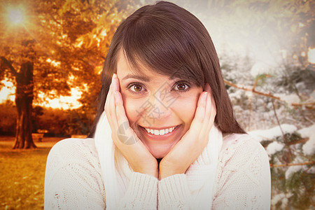 冬衣中褐色的复合图像 在照相机上微笑土地生长树木牧场树干场景衣物长椅勘探树叶图片