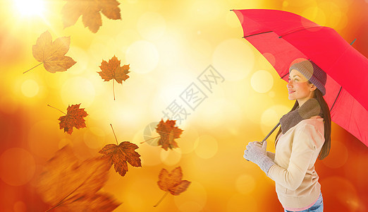 面带红伞的笑脸褐发黑发绘图衣物棕色头发快乐下雨服装树叶橙子围巾图片