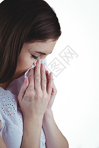 黑头发病态的黑发人吹她的鼻子女士疾病服装流感感染棕色头发女性休闲鼻涕图片