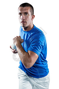 带球的橄榄球运动员运动力量蓝色男人挑战活动跑步男性服装专注图片