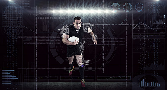 橄榄球玩家与球一起运行的复合图像球衣服装技术健康蓝色计算机竞赛电脑运动运动员图片