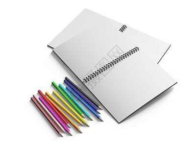 白背景上带彩色铅笔的笔记本大学活页教育素描艺术蜡笔笔记商业乐器紫色图片