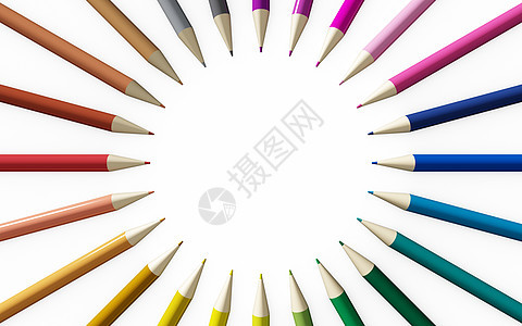 白色背景上孤立的彩色铅笔特写木头橙子调色板光谱彩虹蓝色蜡笔粉色棕色绿色图片