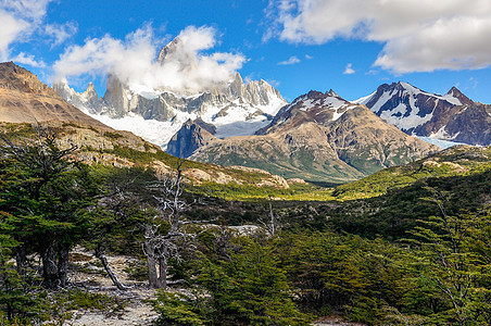 阿根廷El Chalten公园山脉花岗岩远足冰川成就顶峰全景风景蓝色图片