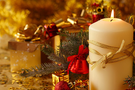 圣诞节蜡烛橙子装饰品烛光背景燃烧风格丝带玩具云杉卡片图片