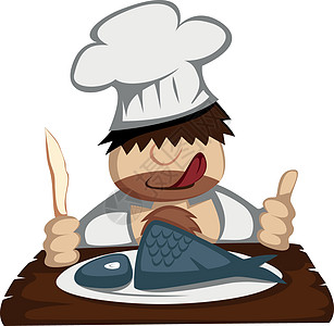 Paleo厨师石器鱼骨男生卡通片男人烹饪舌头插图健康饮食图片