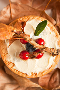 配奶油奶酪和蓝莓的曲奇饼树叶活力温暖饮食奢华作品桌子餐巾甜点反射图片