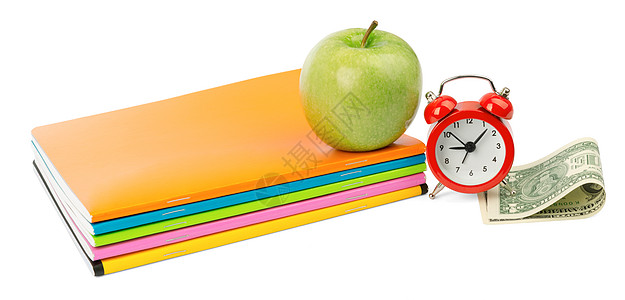 苹果和钱素材带笔记本和现金的新鲜苹果背景