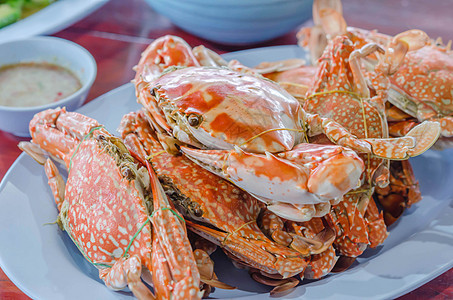 蒸花蟹贝类美食盘子螃蟹食物动物橙子红色甲壳午餐图片