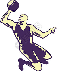 篮球玩家油毡块雕刻木刻运动员插图扣篮印刷运动芭蕾舞者版画图片