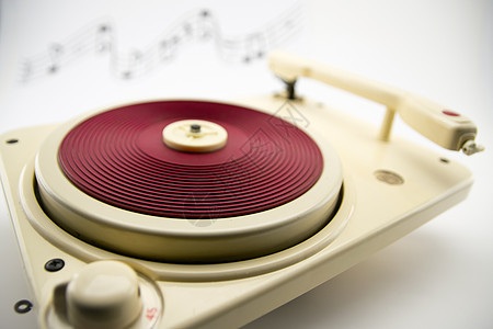 含有老式红记录播放器和音乐笔记技术玩家磁盘风格转盘收藏音轨收集唱片黑胶图片