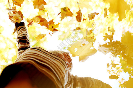 女人在秋天落叶投掷黄色女士乐趣女孩喜悦叶子微笑幸福公园图片