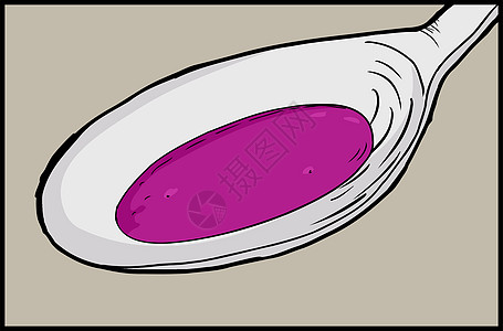 配有药品的勺子卡通片汤匙液体手绘灰色感冒药插图糖浆草图图片
