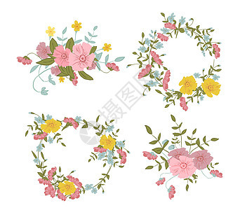 大 小粉色 蓝色和黄色的抽象花卉组合物墙纸装饰装饰品植物花园插图框架风格叶子水彩图片