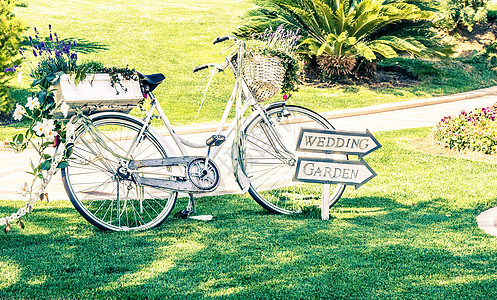 花旁绿色花园上的白色旧式婚礼自行车图片