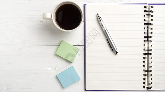 笔纸和咖啡杯木头杯子白色空白电脑记事本高架办公室笔记咖啡图片