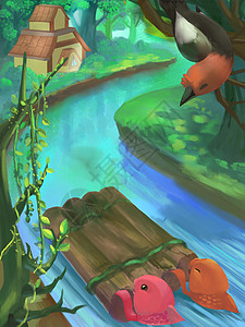 插图 森林中的河流 树林中的小屋 树上的鸟 梦幻般的卡通风格场景壁纸背景设计孩子动物漂流小路故事森林数字生物藤蔓丛林图片