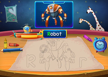 插图 火星类 R - 机器人 这张照片中的火星人为所有外星人开设了一堂课 您必须遵循并使用蜡笔为下面的轮廓着色 梦幻般的科幻卡通图片