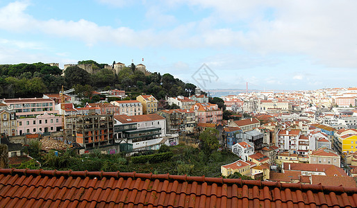 在首都葡萄牙首都里斯本上空的观景历史性堡垒场景城市天际旅行景观游客日落风景图片