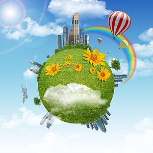 拥有城市和彩虹的地球建筑绿色蓝色气球花朵天空喷射背景图片